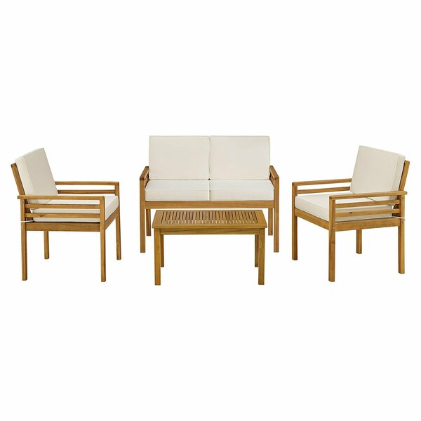 Alaterre Furniture Okemo Weather-Resistant Acacia Wood Outdoor 4pc Patio Set - Couch, Chairs, Table, Cream Cushions ANOK030213ANO